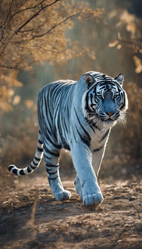 Взрослый синий тигр свободно бродит в своей естественной среде обитания в течение дня.