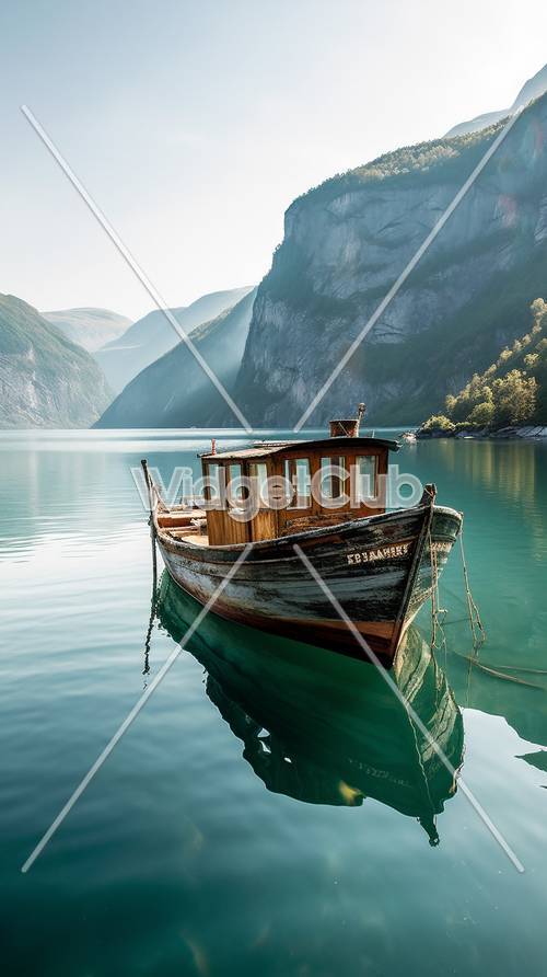 美しい木製のボートが静かな湖に浮かぶ景色