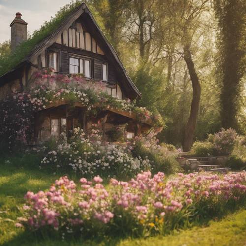 A rustic countryside cottage with a front yard softly illuminated by sunshine and adorned with blooming spring flowers.