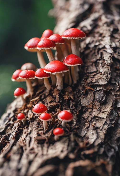 Um cacho de pequenos cogumelos vermelhos projetando-se da casca de uma árvore desgastada.