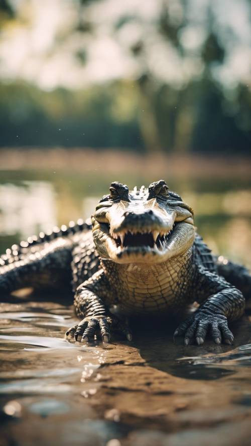 Un joven cocodrilo juguetón rodando en una piscina poco profunda.