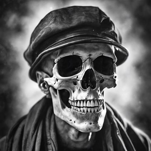 Un portrait réaliste à l’aquarelle d’un crâne souriant, uniquement dans des tons de noir et blanc.