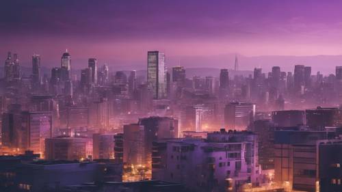 A modern cityscape bathed in the soft hues of light purple during twilight.