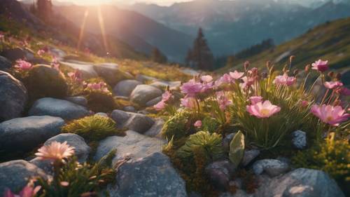 Альпийский сад камней на рассвете с множеством альпийских цветов, мшистыми камнями и покрытыми росой лепестками.