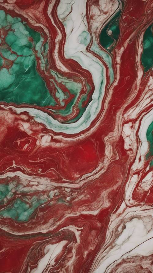 정맥이 가로질러 흐르는 우아한 빨간색과 녹색 대리석 패턴입니다.