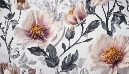 A modern damask print capturing different species of flowers on a white canvas.
