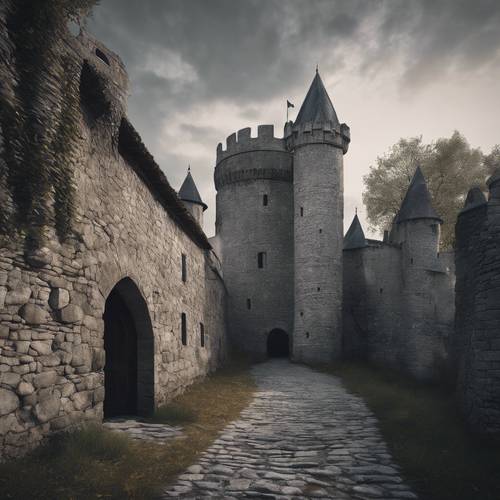Średniowieczny europejski zamek z ciemnoszarymi kamiennymi ścianami z teksturą.