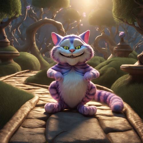 Una escena surrealista en 3D del Gato de Cheshire mostrándole a Alicia el camino en dos señales que apuntan en direcciones opuestas.