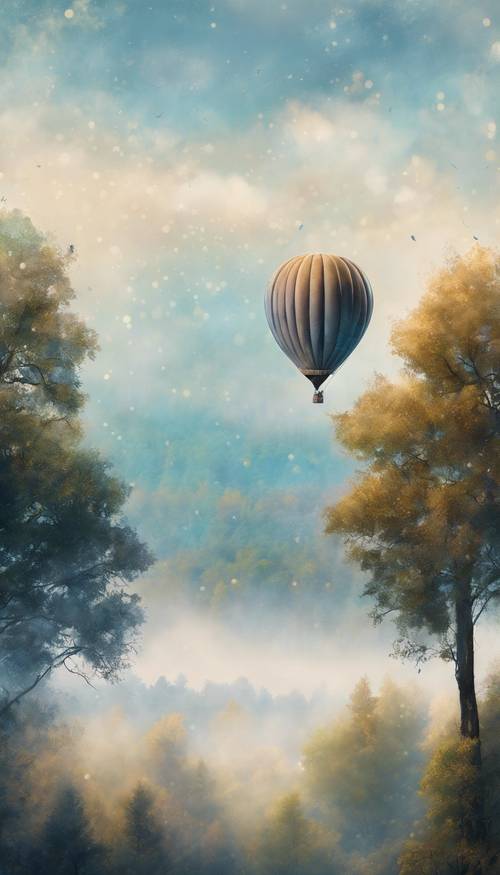 Impressionistic painting of a foggy morning landscape, with a blue star-shaped hot air balloon rising slowly above the treetops. Tapet [2324577b4a63459691d5]