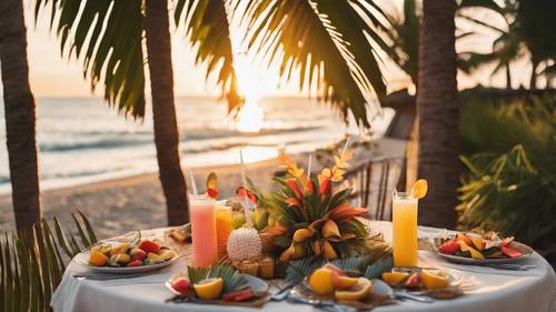 Una festa di compleanno selvaggia e tropicale sulla spiaggia, frutta fresca e bevande fresche in abbondanza, un tavolo adornato con foglie di palma sullo sfondo del sole al tramonto.