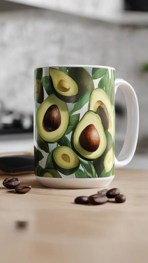 A avocado-themed coffee mug on a kitchen counter