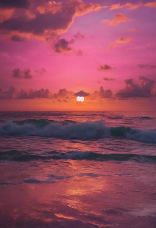 Matahari terbit tropis yang semarak di atas lautan, menerangi langit dalam nuansa oranye, merah muda, dan ungu.