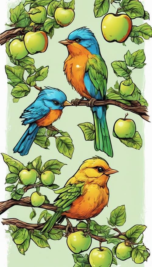 Two colorful cartoon birds perched on a green apple tree branch, singing harmoniously. Tapeta [cdea83e4cff547b68665]