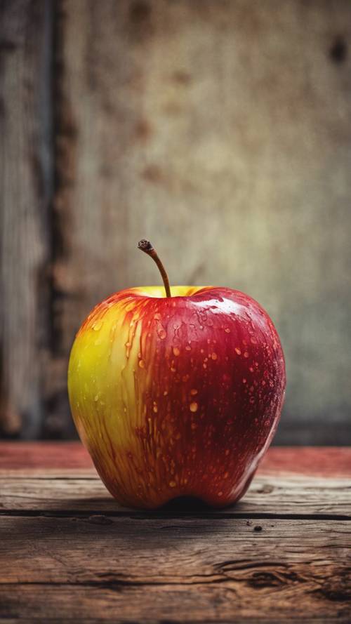 Una manzana madura pintada con un impresionante degradado de rojo frío y amarillo brillante, sentada sobre una vieja mesa rústica.