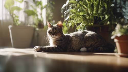 A cyborg cat, given a second chance at life with its prosthetic legs and glowing eyes, lazing about in an apartment filled with hovering plants.