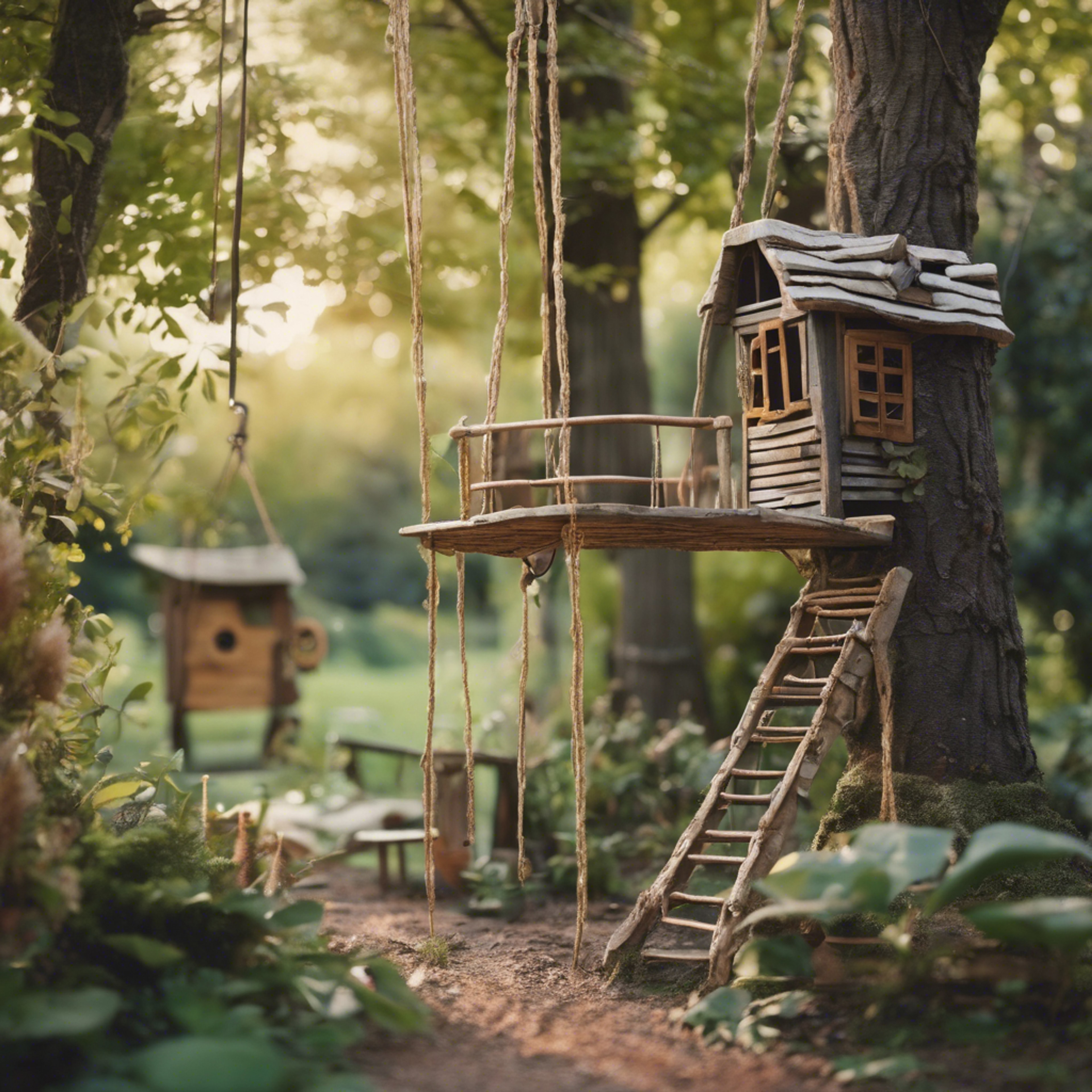 A nostalgic children’s garden filled with hidden treasures, tire swings, and treehouses built amidst towering trees. Behang[4077f42451f34ca69b37]