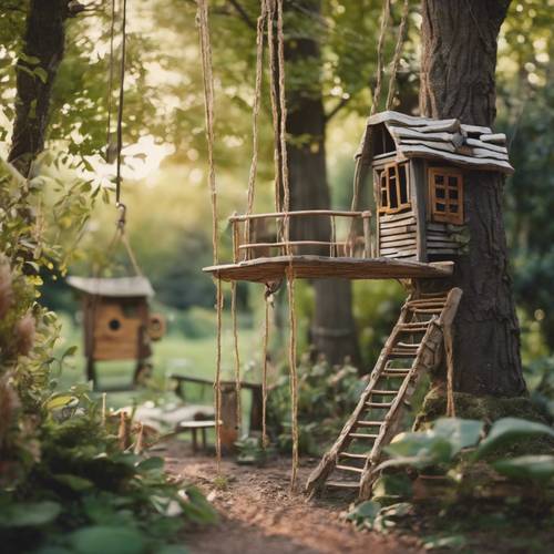 A nostalgic children’s garden filled with hidden treasures, tire swings, and treehouses built amidst towering trees.