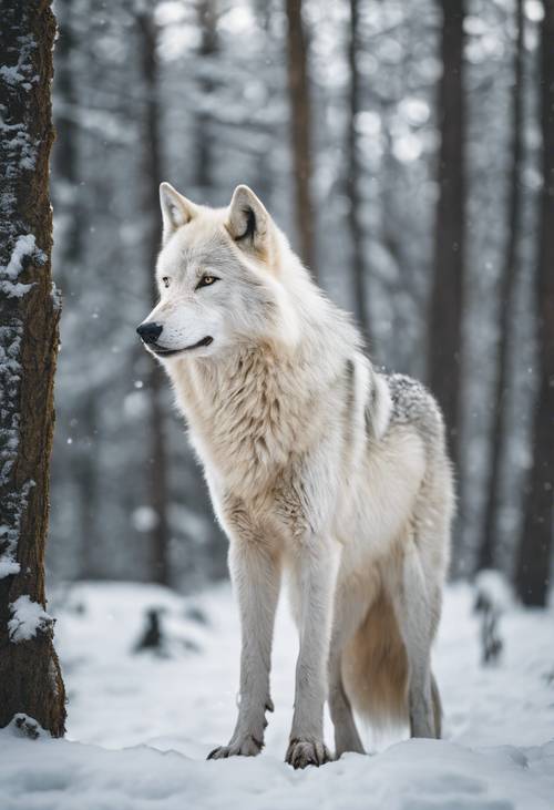 Um majestoso lobo branco parado graciosamente em uma floresta coberta de neve.