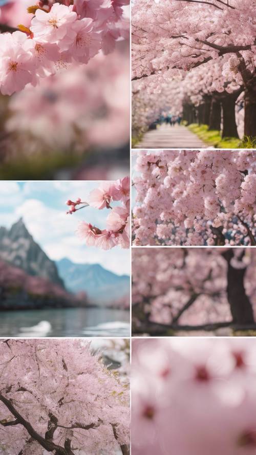 Collage of pink cherry blossoms at peak bloom. Tapeta [672cb40347f64262a378]