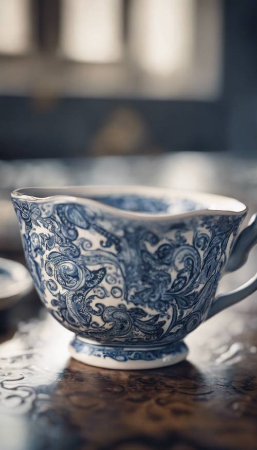 تصميم بيزلي أزرق معقد على فنجان شاي بورسلين عتيق.