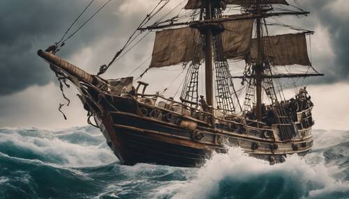 Sebuah kapal bajak laut yang tangguh berlayar melalui gelombang laut yang bergejolak dan berbusa di bawah langit yang penuh badai, para kelasi berebut di geladak sementara kapten menguatkan kemudi.