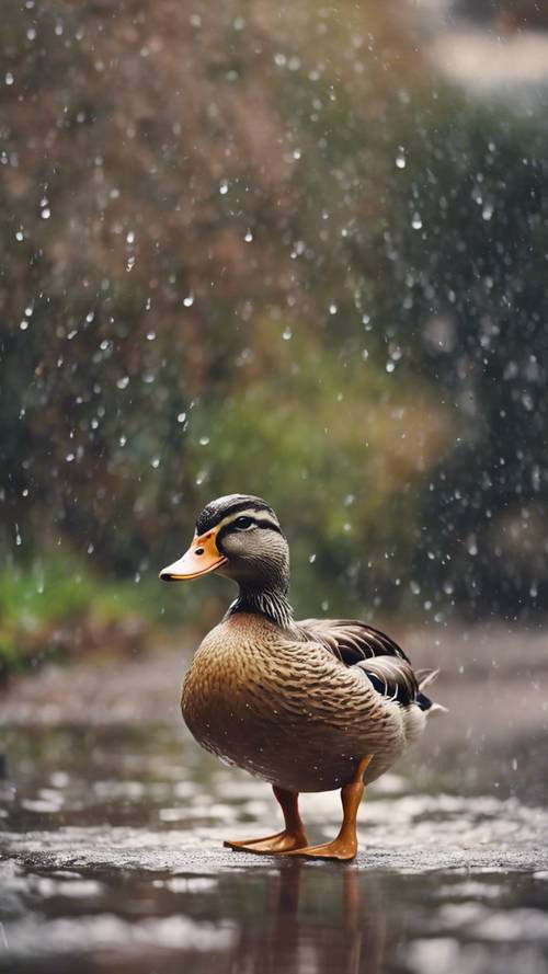 Seekor bebek peliharaan yang menyenangkan bermain-main di genangan air selama hujan musim semi yang lembut.