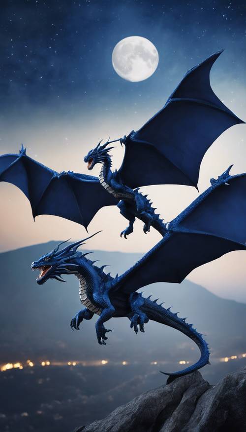 Um dragão azul escuro voando através de um céu iluminado pela lua.