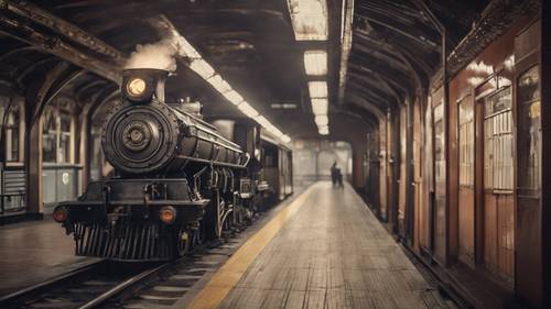 一座古老的地铁站，一辆古董蒸汽机火车驶入。