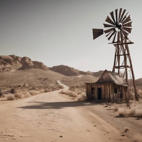A ghost town with dilapidated wooden buildings, dusty roads, and an old windmill against a harsh desert backdrop.
