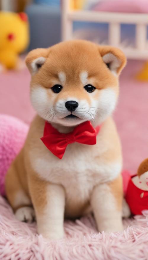 Un cucciolo di Shiba Inu paffuto con un fiocco rosso al collo, che gioca con un peluche in un box dai colori vivaci.