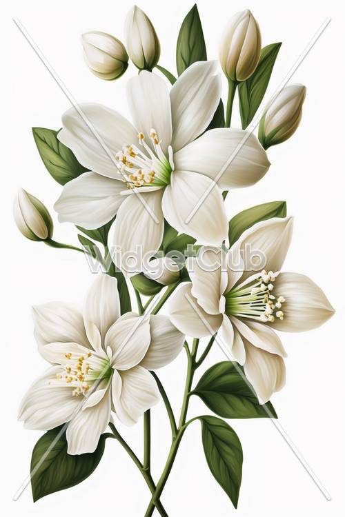 Lindas flores brancas com folhas verdes
