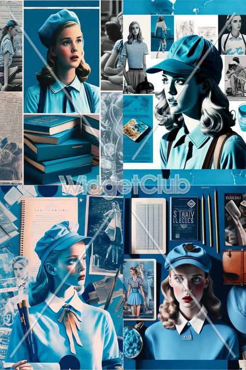 Blue-Themed Vintage Style Collage Art壁紙[eb194c70550e4dd5b323]