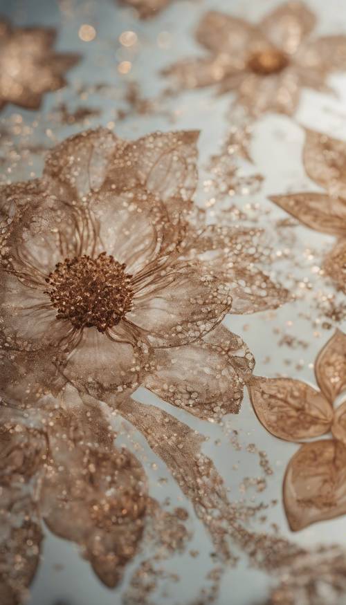 Un motif fleuri dessiné sur un morceau de verre transparent à l&#39;aide de douces paillettes marron.