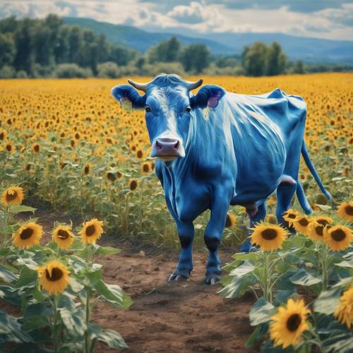 Impresjonistyczny obraz przedstawiający marzycielską niebieską krowę spacerującą po pełnym rozkwicie polu słoneczników.