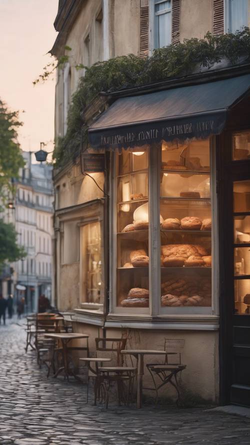 A vintage French bakery on a quiet, cobbled street at dawn.