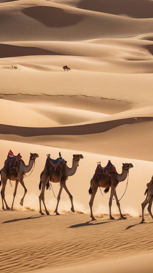 A caravan of camels trekking across the vast, dry desert at noon. Tapeta [99bb5a1f7bbc4369a6a4]