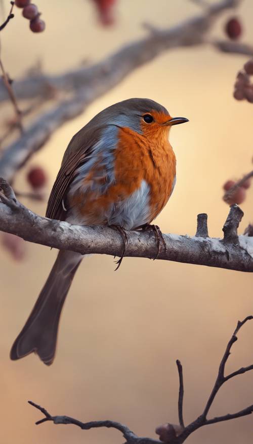 Um único tordo descansando em um galho nu, seu peito vermelho como um ponto de cor no amanhecer minimalista da primavera.