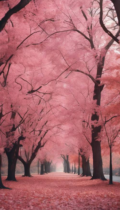 A pink-hued fall landscape with trees shedding their leaves on Thanksgiving day.