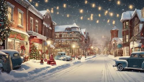 Ilustrasi kartu pos tahun 1950-an yang menampilkan jalan kota kecil bersalju yang dihiasi dekorasi Natal antik.