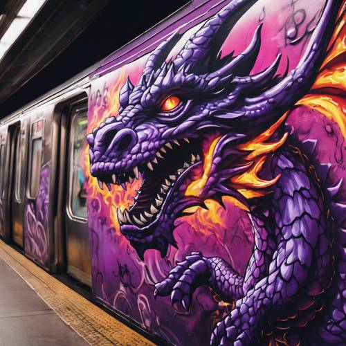 Graffiti vivaci di un drago viola che sputa fuoco su un muro della metropolitana.