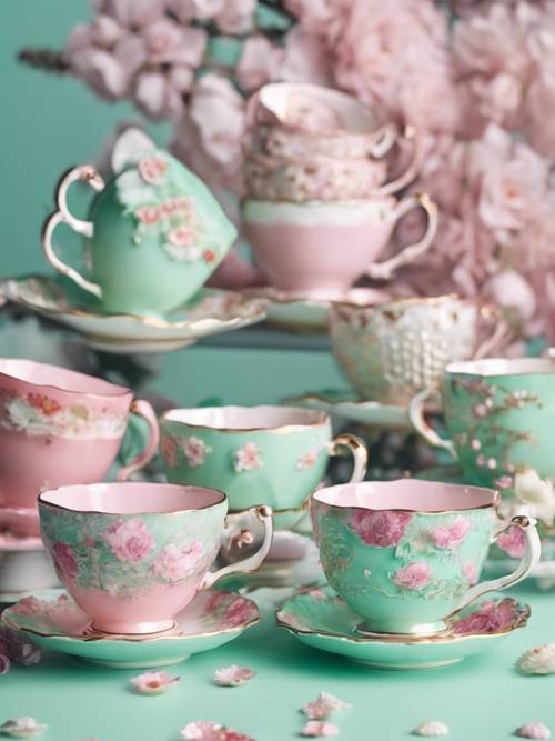 A set of kawaii-styled, mint green and pink teacups, each adorned with floral patterns.