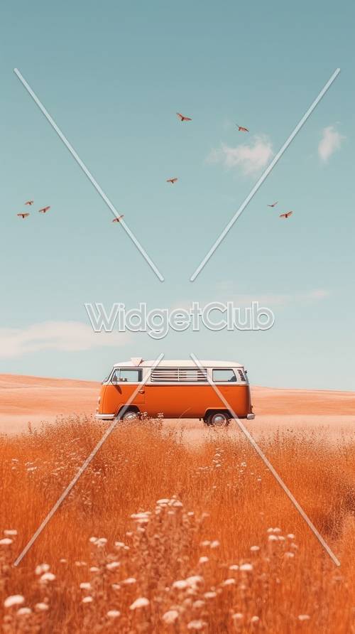 Оранжевый фургон под голубым небом с птицами