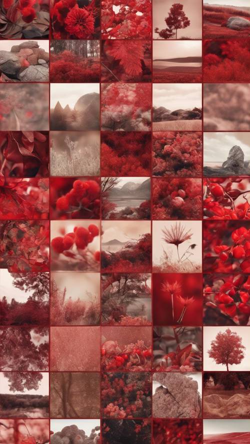 Un collage estilo patchwork con elementos de la naturaleza en tonos rojos.