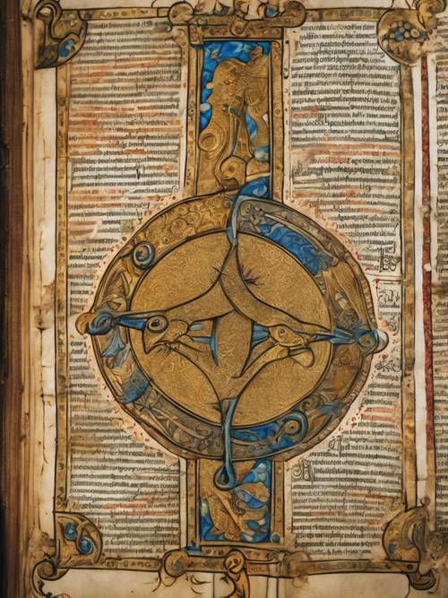 Halaman dari manuskrip abad pertengahan yang diterangi, mengilustrasikan tanda Pisces dengan emas bersinar dan cat cerah.