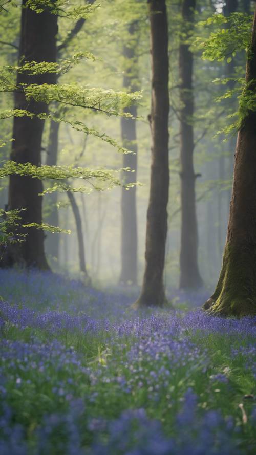 A dense, mysterious, misty forest with a carpet of bluebells