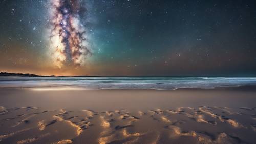 مكان رومانسي على الشاطئ مضاء بالنجوم مع إطلالة واضحة على درب التبانة.