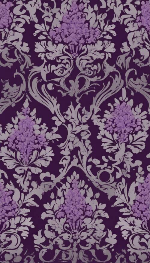 Un motif damassé complexe dans des tons de violet foncé et de gris sourd.