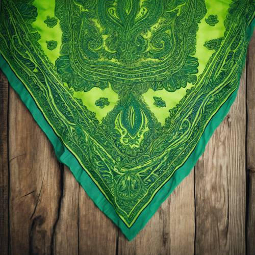 Una bandana verde neon spiegazzata con motivo paisley su un tavolo di legno rustico.