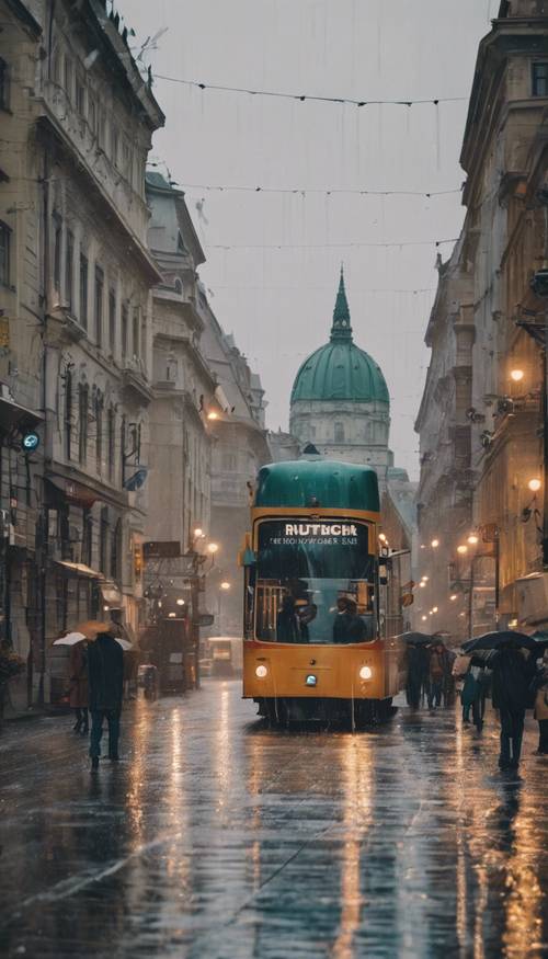 The bustling streets of Budapest during rush hour on a rainy day.