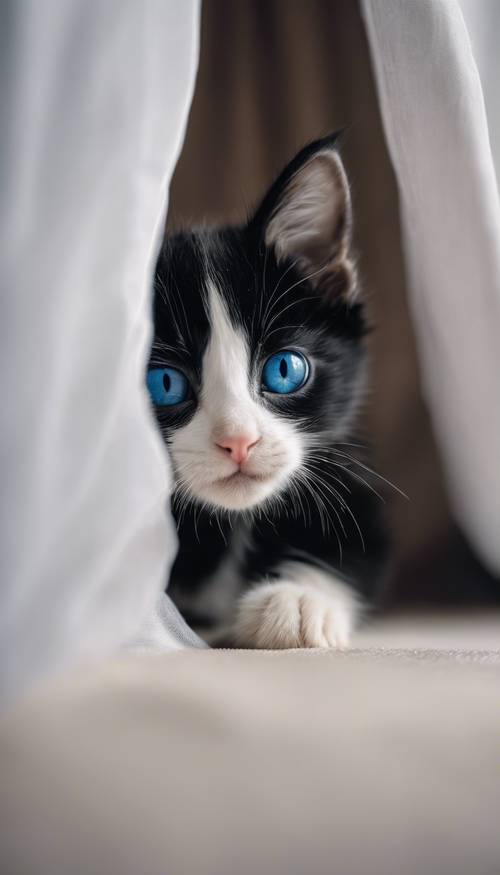A small black kitten with brilliant blue eyes, peeking curiously from behind a white curtain. Divar kağızı [9c0418f0a9ce49288208]